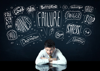 Depressed businessman sitting under trouble thought boxes