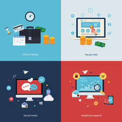 Icons for time is money, pay per click, online shopping, social