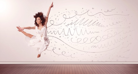 Pretty woman jumping with hand drawn lines and arrows come out