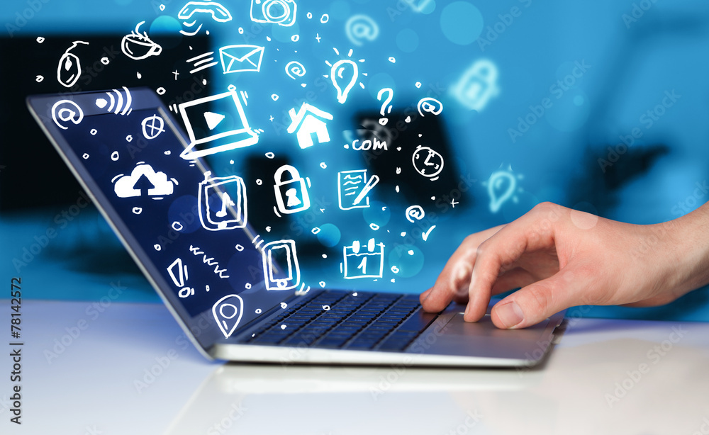 Poster Hand writing on notebook computer with media icons and symbols