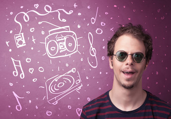 Happy funny guy with shades and hand drawn media icons