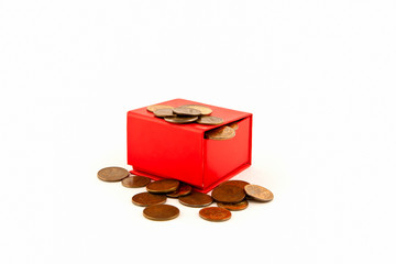 Russian coins in a red box. Isolate.