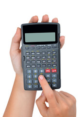 hands with calculator isolated on white background