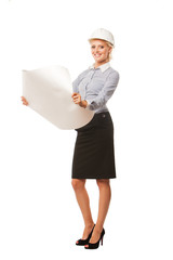 young businesswoman architect holding blueprints isolated on