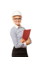 Woman construction worker with hard hat on white background