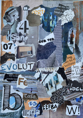 moodboard made of magazines in blue, grey, wooden colors
