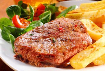 Tender Grilled Beef Meat on Plate with Fries