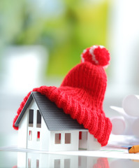 Energy saving Red Knitted Hat on Miniature House