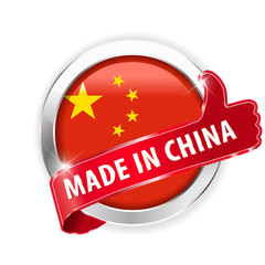 made in china silver badge thumbs up button on white background