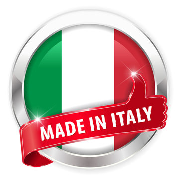 made in italy silver badge thumbs up button on white background