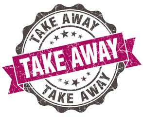 take away grunge violet seal isolated on white