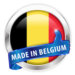 made in belgium silver badge isolated button on white background