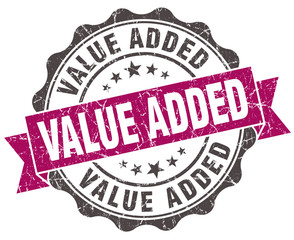 value added grunge violet seal isolated on white