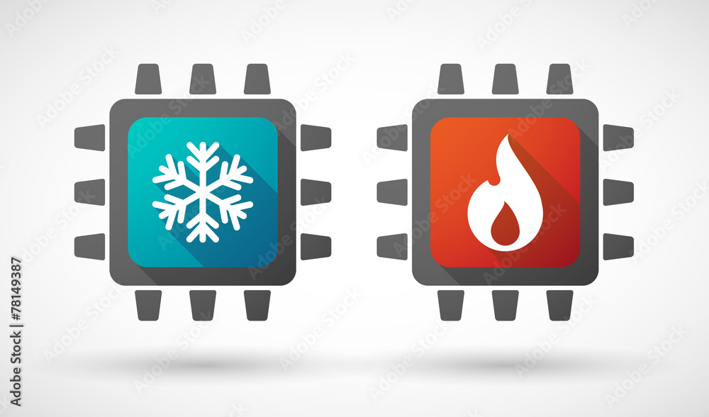 Sticker cpu icon set with fire and ice signs