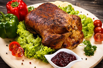 Roast duck on cutting board