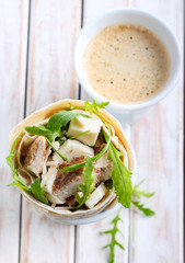 wrap roll with chicken, rocket and cheese