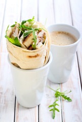 wrap roll with chicken, rocket and cheese