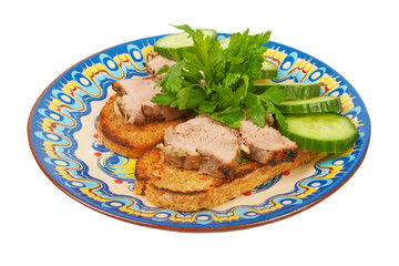 Homemade sandwiches with fried meat on toast with parsley and cu