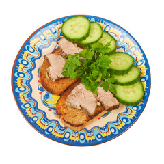 Homemade sandwiches with fried meat on toast with parsley and cu