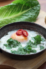 Fried egg with coriander chili and whole grain bun.