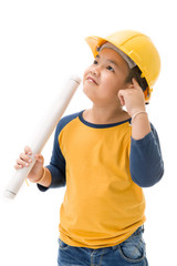 Young asian child construction Worker Holding equipment