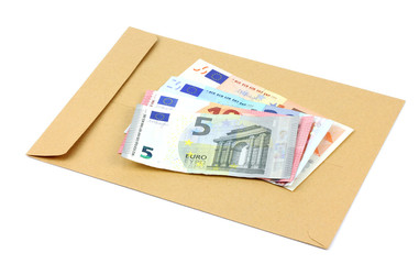 envelope and money on a white background