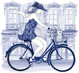 Poster Gelukkig jonge fietser rijden in een straat © Isaxar