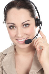 Customer support operator close up portrait.  call center smilin
