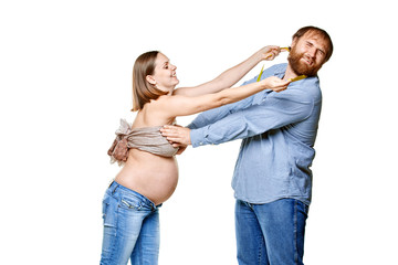 young family waiting for baby on a white background