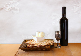 top view of passover background. matzoh (jewish passover bread) 