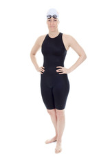 A woman swimmer in studio white background