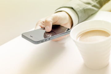 business, technology and internet concept - close up of man hand