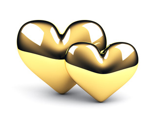 two gold hearts on the white background