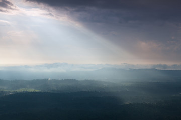 Sunlight shines through the clouds into the mountains and forest
