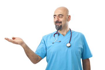 Doctor presenting a product isolated on white