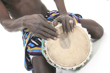 african person with djembe on white background, traditional perc