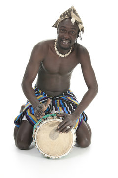 african person with djembe on white background, traditional perc