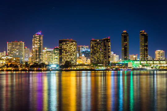 The San Diego skyline at night, seen from Centennial Park, in Co