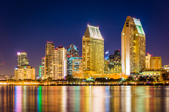 The San Diego Skyline At Night, Seen From Centennial Park, In Co