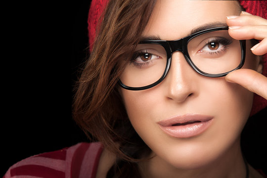 Gorgeous Young Woman Face with Eyeglasses. Cool Trendy Eyewear P