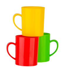 Many color plastic cup on white background