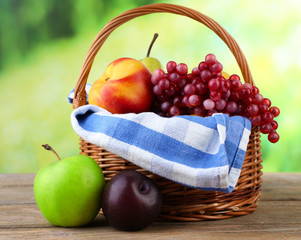 Assortment of juicy fruits in wicker basket