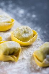 Preparation of ravioli pasta on black slate background