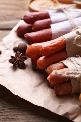 Assortment of thin sausages, and spices
