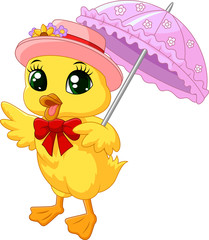 Cute cartoon duck with pink umbrella