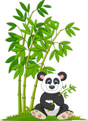 Naklejka premium Cartoon panda sitting and eating bamboo