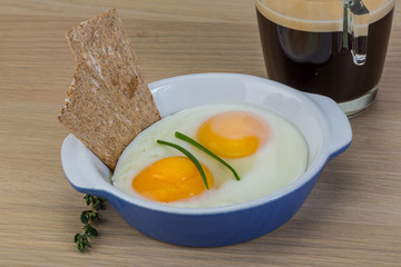 Breakfast with eggs and coffee