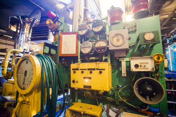 Engine room on a cargo boat ship, engine room on an oil platform