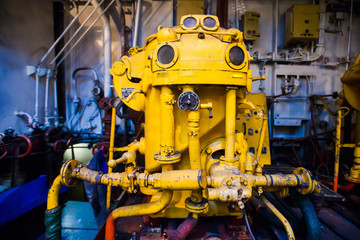 Engine room on a cargo boat ship, engine room on an oil platform