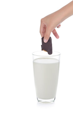 hand holding chocolate biscuits into glass of milk on white back